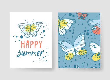 Yaz kartları için şablonlar kümesi. Vektör desen broşürler kelebek ile el çekilmiş