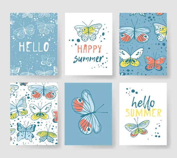 Conjunto de plantillas para tarjetas de verano. Folletos de patrones vectoriales dibujados a mano con mariposa — Vector de stock