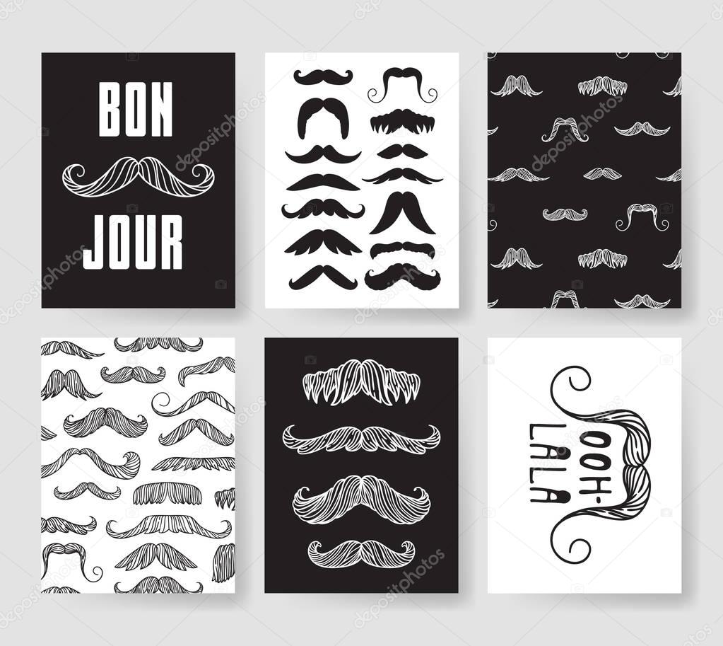 Set of templates for fashion cards. Hand drawn vector patterns hipster brochures with mustache