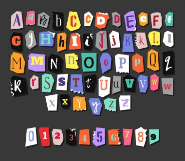 Colorful Newspaper alphabet. Hand made anonymous set. Vector Letters, numbers clipart