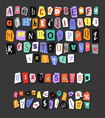 Colorful Newspaper alphabet. Hand made anonymous set. Vector Letters, numbers and punctuation marks clipart