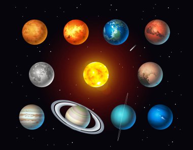 Vektör güneş sistemi nesneleri kümesi. Güneş, ay, Pluto ve gezegenler uzay arka plan üzerinde