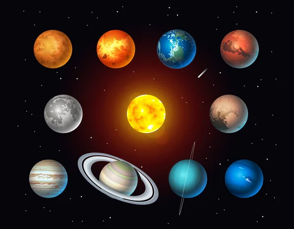 Vector set of Solar System objects. Sun, Moon, Pluto and Planets on space background — Stock Vector
