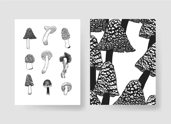 Folhetos de padrões vetoriais desenhados à mão. Design artístico real com cogumelos — Vetor de Stock