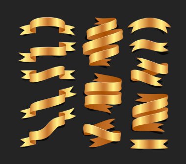 Elle çizilmiş izole blacke zemin üzerine altın saten kurdeleler kümesi. Düz nesneleri tasarımınız için. Vektör sanat çizim