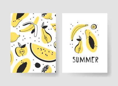 Yaz kartları için şablonlar kümesi. Vektör desen broşürler dondurma ve meyve ile el çekilmiş