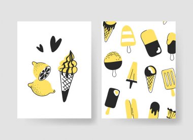 Yaz kartları için şablonlar kümesi. Vektör desen broşürler dondurma ve meyve ile el çekilmiş