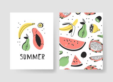 Yaz kartları için şablonlar kümesi. Vektör desen broşürler dondurma ve meyve ile el çekilmiş