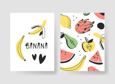 Yaz kartları için şablonlar kümesi. Vektör desen broşürler dondurma ve meyve ile el çekilmiş