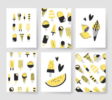 Yaz kartları için şablonlar kümesi. El vektör desen broşürler dondurma ve meyve ile çekilmiş. Gerçek sanatsal tasarım