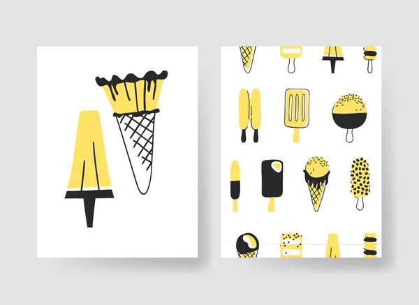 夏のカード用のテンプレートのセットです 手描きアイス クリームとフルーツのベクトル パターン パンフレット — ストックベクタ