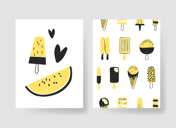 夏のカード用のテンプレートのセットです 手描きアイス クリームとフルーツのベクトル パターン パンフレット — ストックベクタ