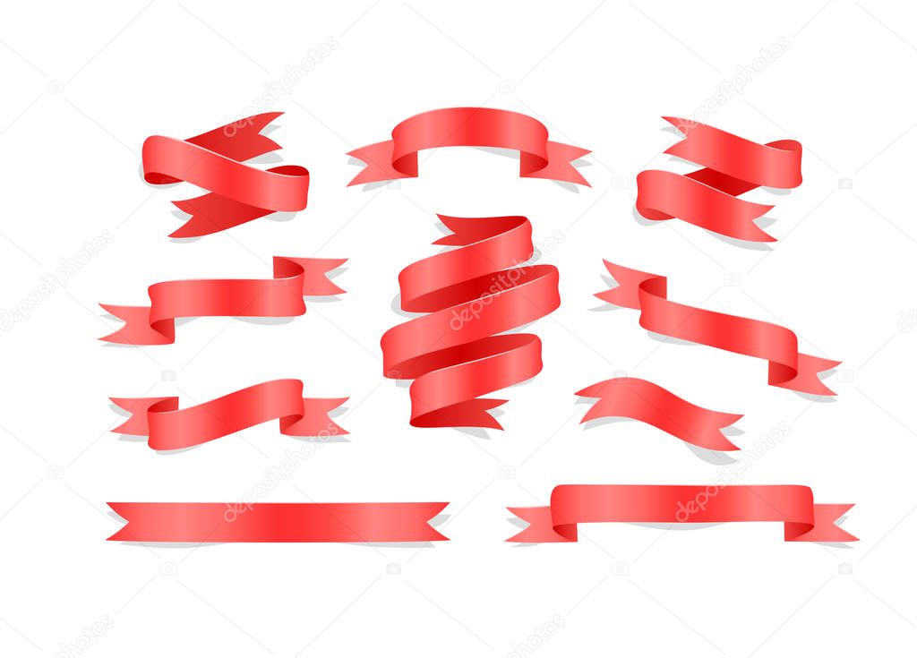 Set of hand drawn red satin ribbons on white background isolated. Flat objects for your design