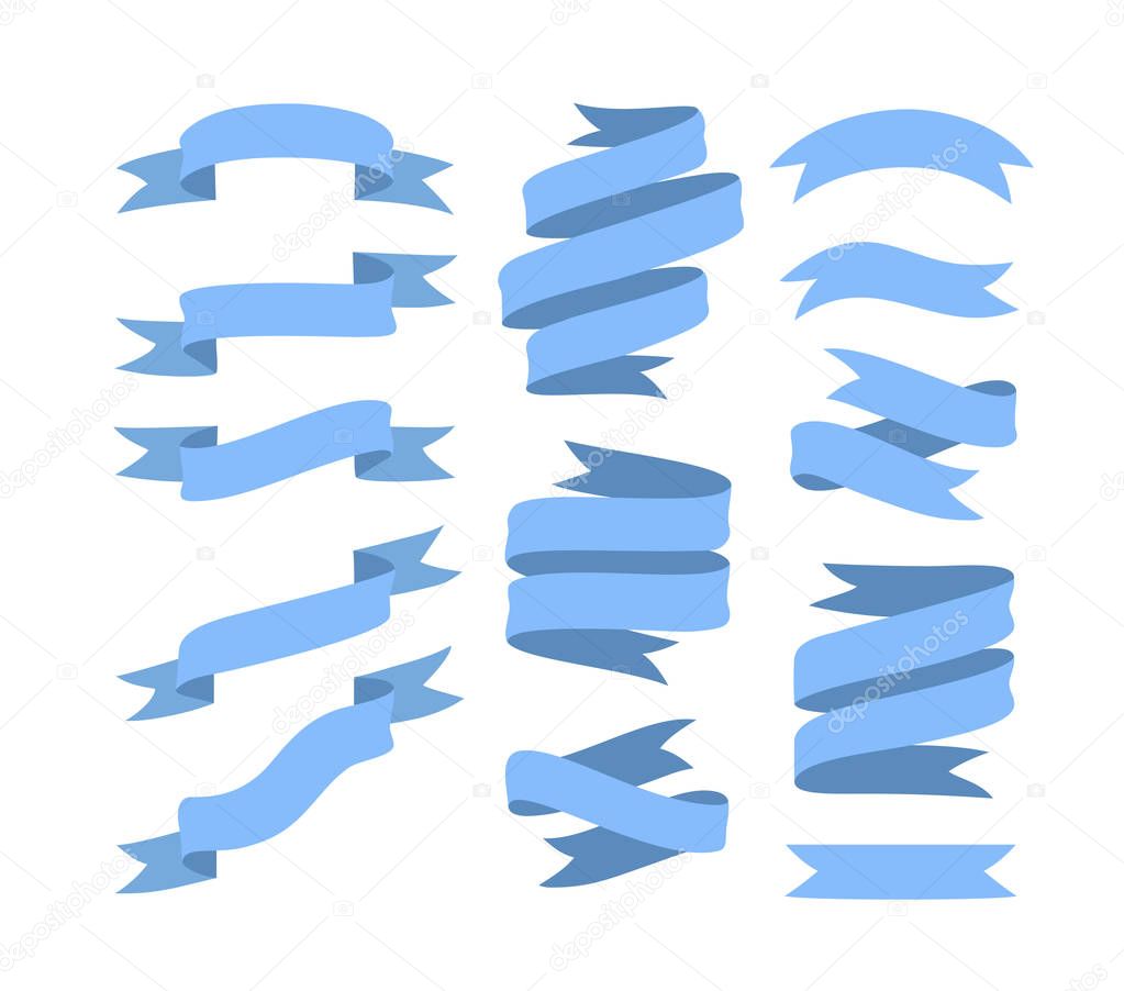 Set of hand drawn blue ribbons on white background isolated. Flat objects for your design