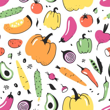 El sebze ile çizilmiş seamless modeli. Vektör yiyecek çizim sanatsal. Yaz illüstrasyon