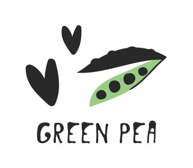 Sebze ve metin elle çizilmiş kümesi. Vektör yeşil bezelye çizim sanat