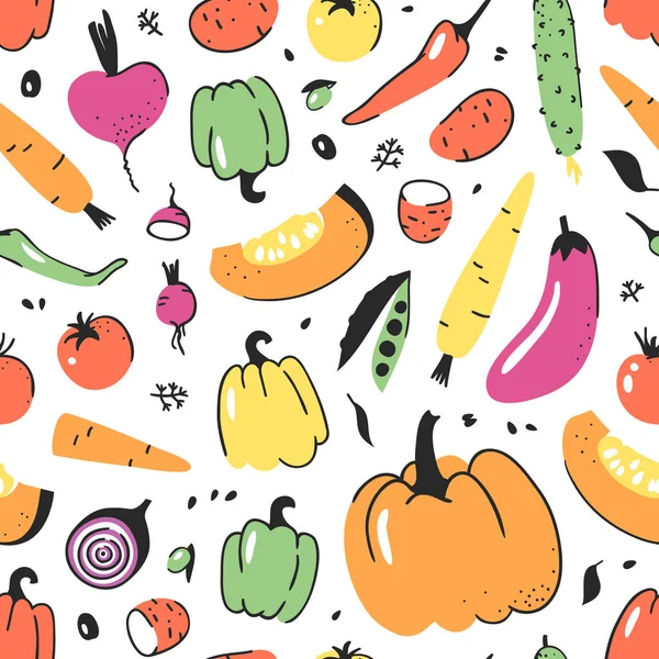 手野菜で描かれたシームレス パターン ベクトル芸術食品を描画します 夏イラスト — ストックベクタ