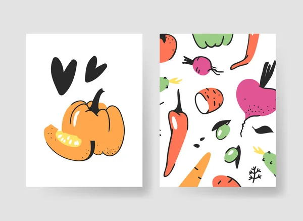 夏のカード用のテンプレートのセットです 手には 野菜とベクトル パターン パンフレットが描画されます 実際の芸術的なデザイン — ストックベクタ