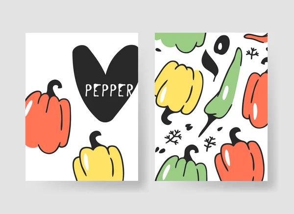 夏のカード用のテンプレートのセットです 手には 野菜とベクトル パターン パンフレットが描画されます 実際の芸術的なデザイン — ストックベクタ