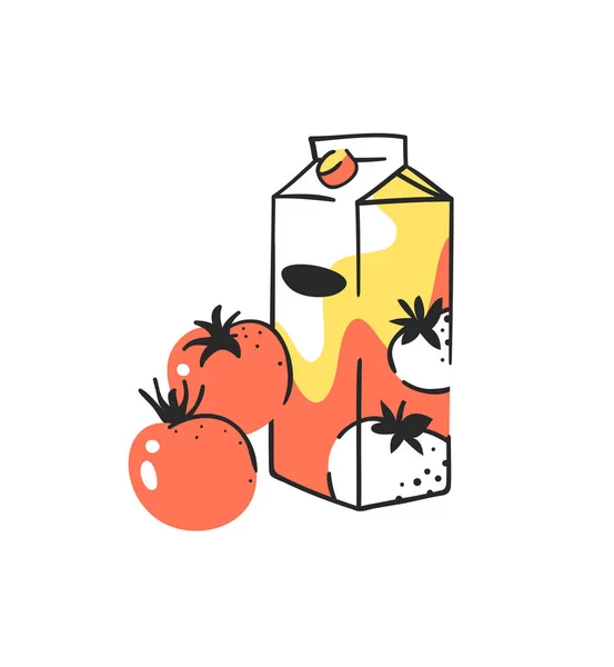 Conjunto Verano Dibujado Mano Tomate Jugo Vector Ilustración Bebidas Verduras — Vector de stock