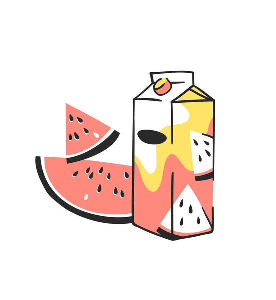 Handgezeichnetes Sommer Set Mit Saftverpackung Und Wassermelone Vektor Illustration Getränke — Stockvektor