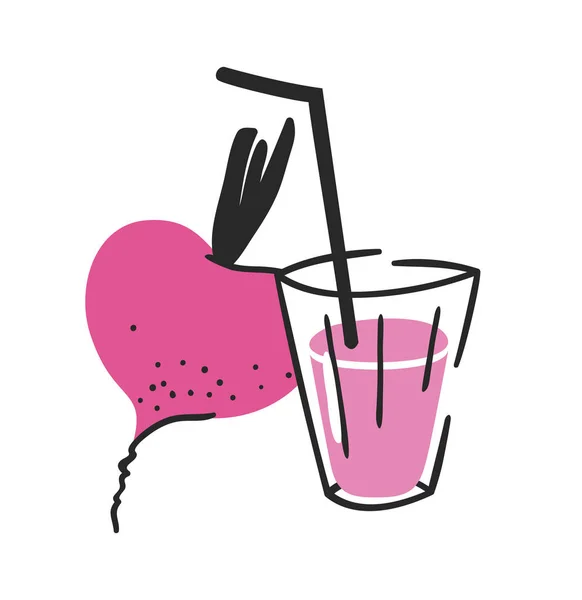 Conjunto Remolacha Jugo Vaso Dibujado Mano Verano Vector Ilustración Bebidas — Vector de stock