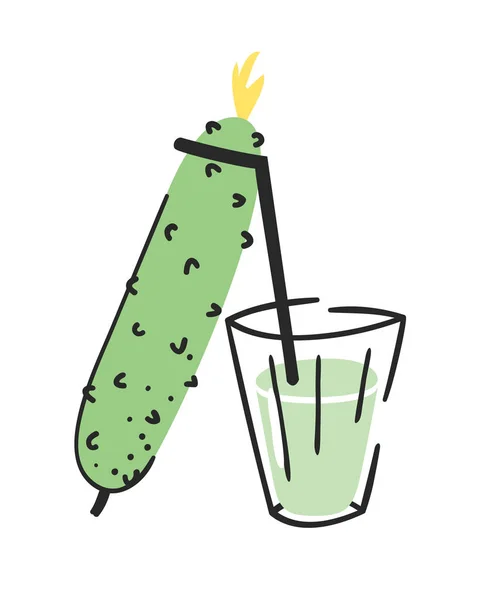 Conjunto Pepino Jugo Vaso Dibujado Mano Verano Vector Ilustración Bebidas — Vector de stock