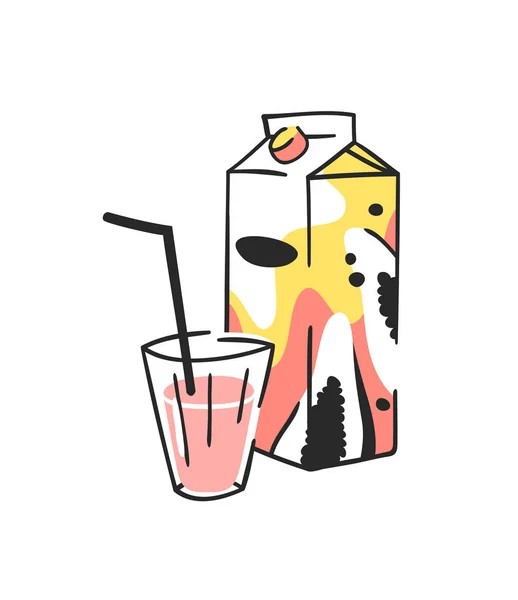 Conjunto Verão Desenhado Mão Pacote Suco Vidro Ilustração Vetorial Bebidas — Vetor de Stock