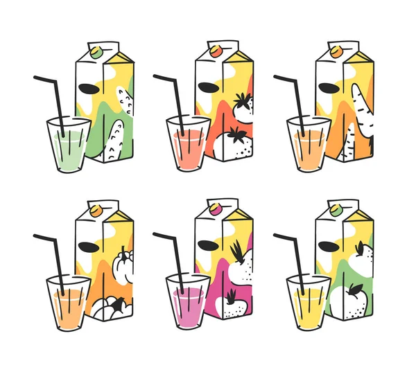 Conjunto Verão Desenhado Mão Pacote Suco Vidro Bebidas Ilustração Vetorial — Vetor de Stock