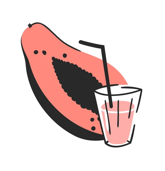 Conjunto Papaya Jugo Vaso Dibujado Mano Verano Bebidas Frutas Ilustración — Vector de stock