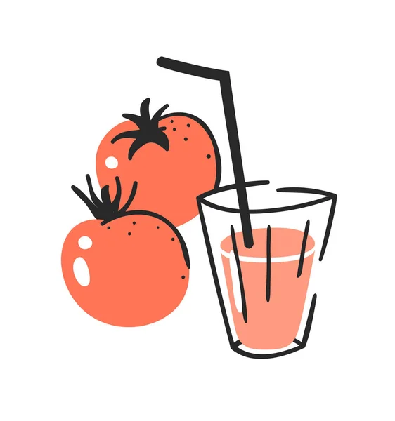 Conjunto Verão Desenhado Mão Tomate Suco Vidro Vetor Ilustração Bebidas — Vetor de Stock