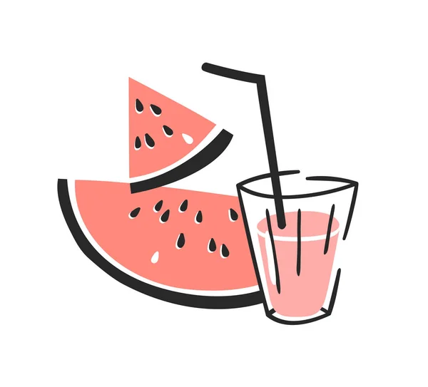 Set Sandía Jugo Vaso Verano Dibujado Mano Bebidas Frutas Ilustración — Vector de stock
