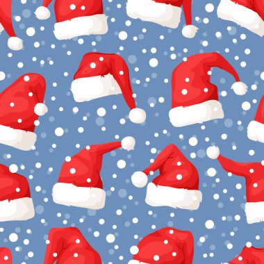 El Noel şapka ve kar ile çizilmiş seamless modeli. Karikatür Çizim. Vektör sanat illüstrasyon kar yağışı