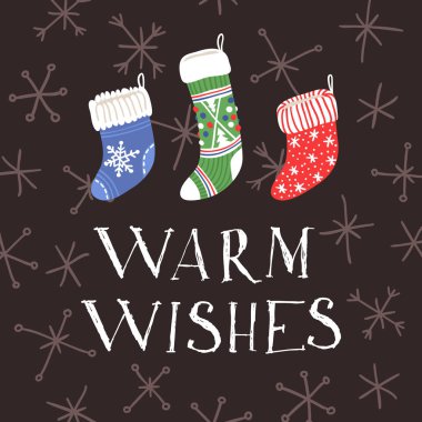 Elle çizilmiş kartı ile Noel hediye ve metin sıcak dilek için çorap. Tatil arka plan. Doodle çizim soyut. Vektör sanat çizim