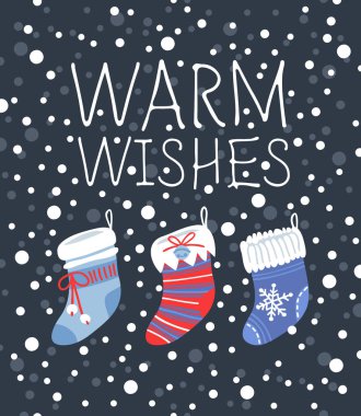 Elle çizilmiş kartı ile Noel hediye ve metin sıcak dilek için çorap. Tatil arka plan. Doodle çizim soyut. Vektör sanat çizim