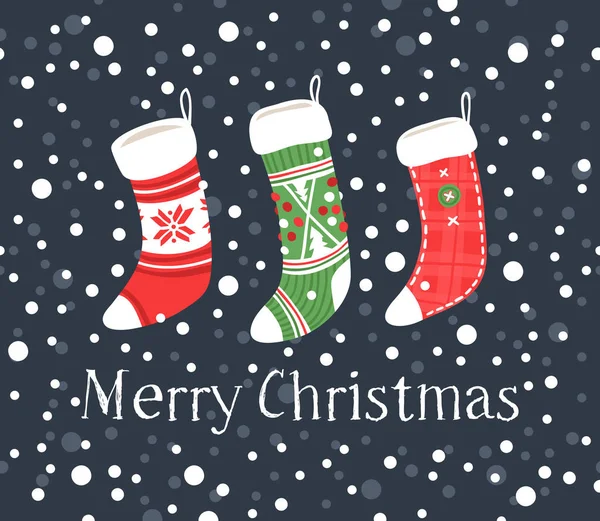 Боку звернено картку з Різдво шкарпетки для подарунків і тексту Різдвом. Свята фону. Анотація doodle малювання. Векторна ілюстрація мистецтва — стоковий вектор