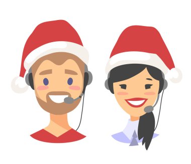 Mutlu gülümseyen müşteri portresi destek telefonu operatörü Noel şapka. CallCenter işçi kulaklık ile. Çizgi film vektör çizim aracı