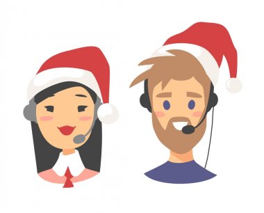 Mutlu gülümseyen müşteri portresi destek telefonu operatörü Noel şapka. CallCenter işçi kulaklık ile. Çizgi film vektör çizim aracı