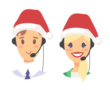 Mutlu gülümseyen müşteri portresi destek telefonu operatörü Noel şapka. CallCenter işçi kulaklık ile. Çizgi film vektör çizim aracı
