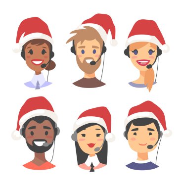 Mutlu gülümseyen müşteri portresi destek telefonu operatörü Noel şapka. CallCenter işçi kulaklık ile. Çizgi film vektör çizim aracı