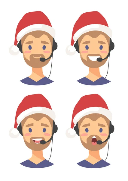 Set of male emoji customer support phone operator in Christmas hat. Callcenter worker with headset. Cartoon vector illustration man agent — Stock Vector