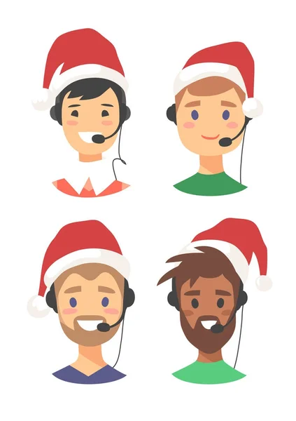 Retrato de feliz sonriente operador de atención al cliente masculino en sombrero de Navidad. Trabajador del centro de llamadas con auriculares. Dibujos animados vector ilustración hombre agente — Vector de stock