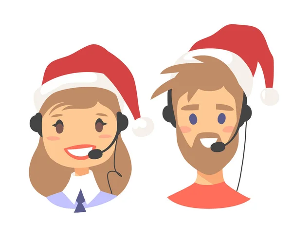 Retrato de feliz sonriente operador de atención al cliente en sombrero de Navidad. Trabajador del centro de llamadas con auriculares. Dibujos animados vector agente de ilustración — Vector de stock