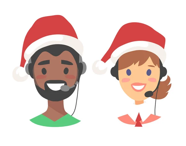 Portrait of happy smiling customer support phone operator in Christmas hat. Callcenter worker with headset. Cartoon vector illustration agent — Stock Vector