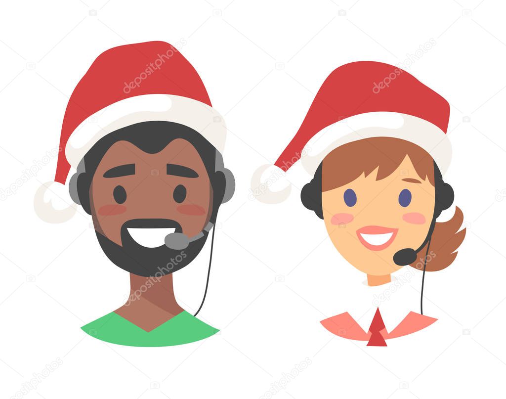 Portrait of happy smiling customer support phone operator in Christmas hat. Callcenter worker with headset. Cartoon vector illustration agent