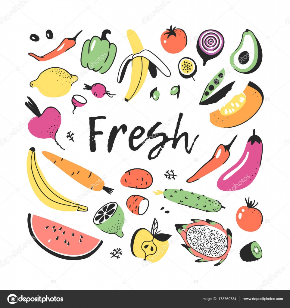 Insieme di frutta e verdura disegnato a mano Artistico di cibo di disegno vettoriale