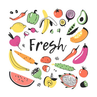 El sebze ve meyve kümesi çekilmiş. Vektör yiyecek çizim sanatsal. Vegan illüstrasyon kabak, patates, biber, kırmızı pancar, patlıcan, domates, salatalık, avokado, havuç, limon, muz, karpuz