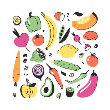 El sebze ve meyve kümesi çekilmiş. Vektör yiyecek çizim sanatsal. Vegan illüstrasyon kabak, patates, biber, kırmızı pancar, patlıcan, domates, salatalık, avokado, havuç, limon, muz, karpuz