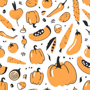 El sebze ile çizilmiş seamless modeli. Vektör yiyecek çizim sanatsal. Yaz illüstrasyon kırmızı soğan, kabak, patates, biber, yeşil bezelye, kırmızı pancar, patlıcan, domates, salatalık, avokado, havuç