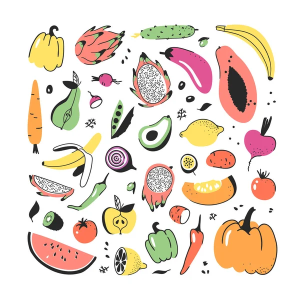 Conjunto dibujado a mano de verduras y frutas. Dibujo artístico vectorial comida. Ilustración vegana calabaza, papa, pimienta, remolacha, berenjena, tomate, pepino, aguacate, zanahoria, limón, plátano, sandía — Vector de stock